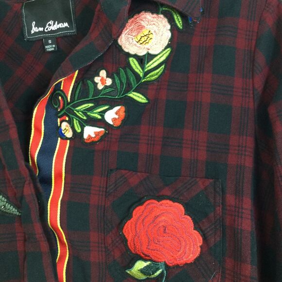 Sam Edelman Patchwork Flannel Sparrow Embellished Plaid Button Shirt Red Small - Picture 3 of 10
